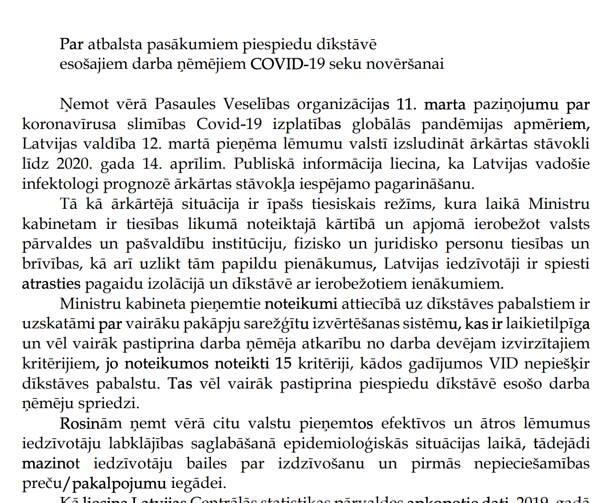 Saskaņa»: Dīkstāves pabalstu piešķiršanas kārtībai  jābūt vienkāršākai un efektīvākai